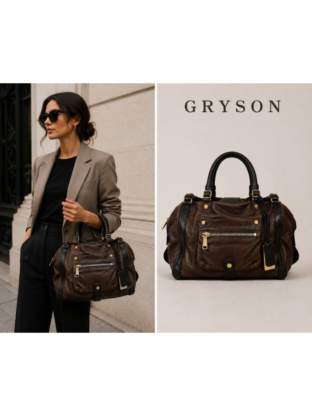 Gryson Brown Leather Satchel Bag Black Trim Gold Hardware Shoulder Strap